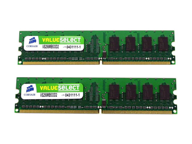 CORSAIR ValueSelect 512MB (2 x 256MB) 240-Pin DDR2 SDRAM DDR2 533 (PC2 4200) Dual Channel Kit Desktop Memory Model VS512MBKIT533D2