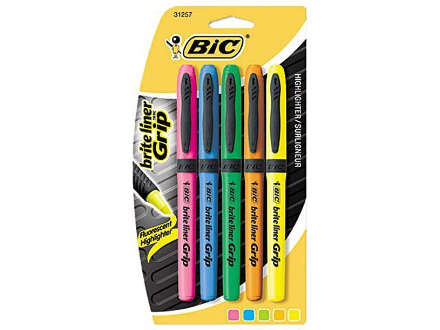 BIC GBLP51-ASST Brite Liner Grip Highlighter, Chisel Tip, Fluorescent Colors, 5/Set