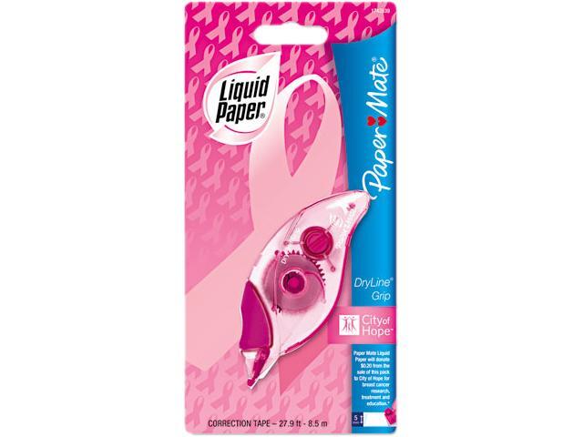 Paper Mate Liquid Paper 1742839 Pink Ribbon DryLine Grip Correction Tape, Non-Refillable, 1/5" x 335"