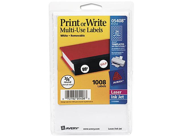 Avery 05408 Print or Write Removable Multi-Use Labels, 3/4in dia, White, 1008/Pack