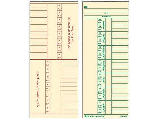 Tops 1260 Time Card for Cincinnati, Named Days, Two-Sided, 3-3/8 x 8-1/4, 500/Box