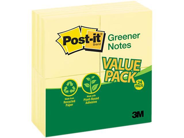 Post-it Greener Notes 654RP-24-YW Original Recycled Note Pads, 100 3 x 3 Sheets, Canary Yellow, 24 Pads/Pack