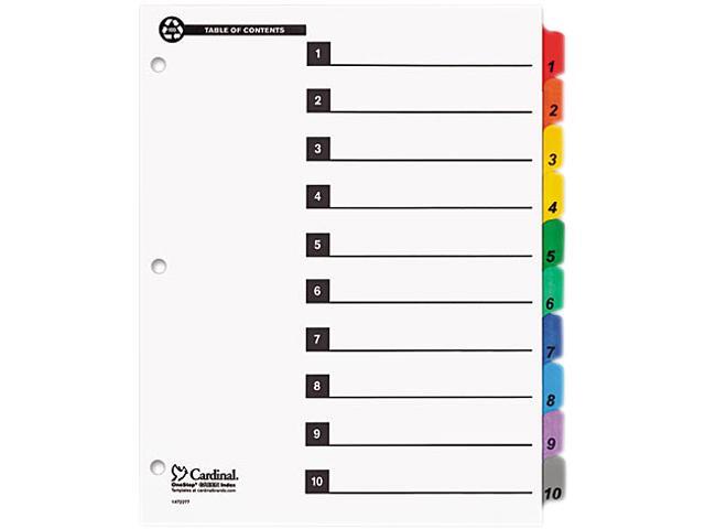 Cardinal 71018 100% Recycled OneStep Index System, Multicolor 10-Tab, 11 x 8-1/2, 1 Set