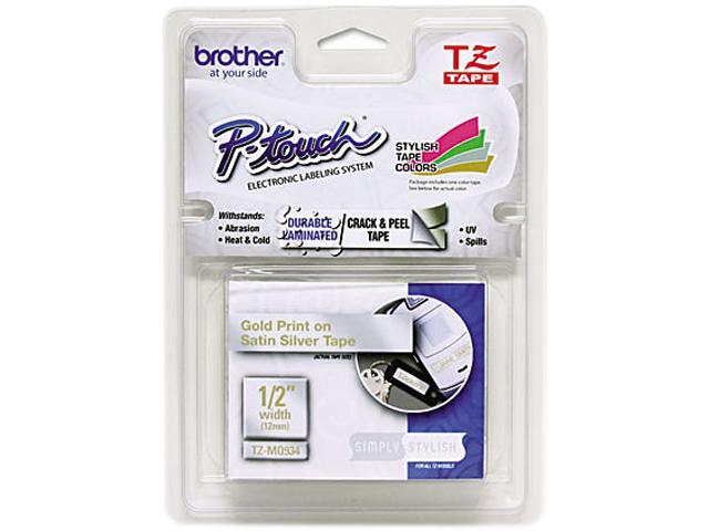 Brother TZEMQ934 TZ Standard Adhesive Laminated Labeling Tape, 1/2" x 16.4 ft., Gold/Silver