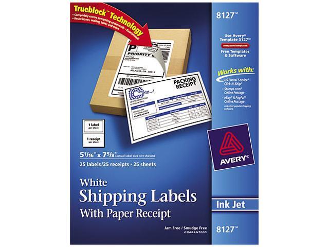 Avery White Shipping Labels With Paper Receipt for Inkjet Printers, 5 1/16" x 7 5/8" (1 Label/Sheet) (25 Sheets/Pkg)