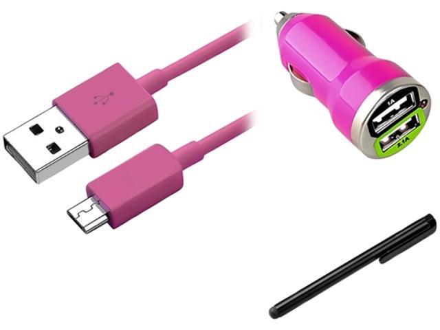Insten Hot Pink Micro USB 2- in-1 Cable + Hot Pink Dual USB Mini Car Charger Adapter + Black Touch Screen Stylus for HTC ...
