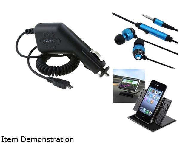 Insten Car Charger + Mount + Blue Headphone Compatible with Samsung Droid Charge Galxay S4 i9500 i9300