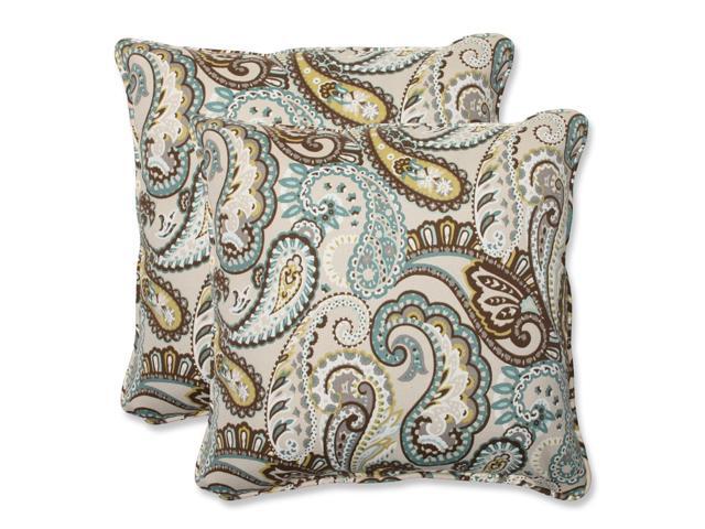 Set of 2 Paisley Giardino Light Blue and Brown Outdoor Corded Square Throw Pillows 18.5