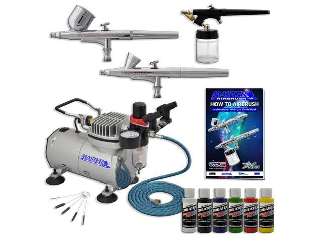 New 3 Airbrush Kit 6 Primary Colors Air Compressor Dual-Action Createx