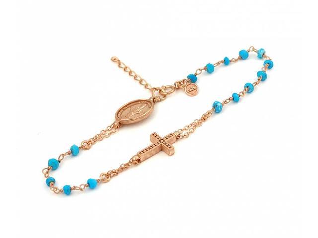 Rose Gold Plated Sterling Silver Turquoise Rosary Bracelet 7&quot; + 1&quot; - www.semashow.com