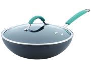 Rachael Ray Cucina Hard Anodized Nonstick 11 Inch Covered Stir Fry Gray with Agave Blue Handle