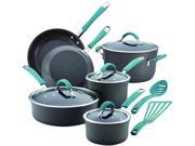 Rachael Ray Cucina Hard Anodized Nonstick 12 Piece Cookware Set in Gray with Agave Blue Handles