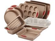 Rachael Ray Cucina Nonstick Bakeware 10 Piece Set in Latte Brown with Handle Grips in Cranberry Red