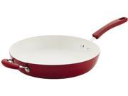 Farberware New Traditions Aluminum Nonstick 12 Inch Deep Skillet with Helper Handle Red
