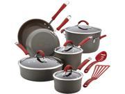 Rachael Ray Cucina Hard Anodized Nonstick 12 Piece Cookware Set in Gray with Cranberry Red Handle