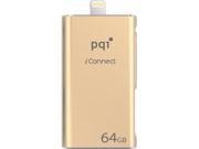 PQI iConnect [Apple MFi] 64GB Mobile Flash Drive w Lightning Connector for iPhones iPads iPod Mac PC USB 3.0 Gold Model 6I01 064GR3001