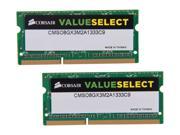 CORSAIR ValueSelect 8GB 2 x 4GB 204 Pin DDR3 SO DIMM DDR3 1333 PC3 10600 Laptop Memory Model CMSO8GX3M2A1333C9
