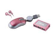 iHome IH-B938NP Pink Wired Optical Retractable Netbook Mouse, 4-Port USB 2.0 Hub & Ear Buds w/ Microphone Bundle