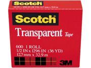 Scotch 600121296 Transparent Glossy Tape 1 2 x 1296 1 Core Clear