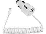StarTech USBUB2PCARW White Dual port car charger USB with built in Micro USB cable