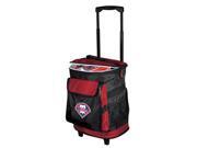 MLB collection. Displays the official Philadelphia Phillies colors and logo. Material: 1680 denier polyester and a foam insulation interior. Contains multiple storage pockets and backpack straps for carrying on soft surfaces. Heat sealed leak proof liner. Pull out handle. Smooth rolling in-line wheels. Holds up to 24 of 12 oz. cans plus ice. Dimensions: 21" H x 15" W x 14" D. Size/Dimensions: 16" x 14.5" x 16" Team: Philadelphia Phillies Sport: Baseball Item Count: 1
