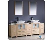 Fresca FVN62 72LO VSL Torino 84 in. Light Oak Modern Double Sink Bathroom Vanity with 3 Side Cabinets Vessel Sinks
