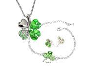 Four Leaf Clover Swarovski Crystal 18KGP Necklace Earrings Bracelet Set - Green