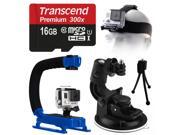 Opteka Xgrip Stabilizing Action Grip Handle Handheld Holder (blue)   16gb Microsd Card   Suction Cup Windshield & Dash Car Mount   Head Band Helmet Harness Stra