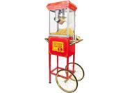 All Funtime machines feature a stainless-steel hot oil kettle with a built in stirring system. Flip-up lids allow the popcorn to come pouring out as it pops. Pull-out kernel catcher separates unpopped kernels from your popcorn as you scoop it. They offer an easy-to-clean design and is built to pop mountains of irresistible theater style popcorn!   A Great Vintage Look The design has a vintage look of vending carts from movie houses and carnivals from the early 1900s. Each cart features a powder coat finish (red or black), metal trays, and 16 finished wheels. Below is a cabinet with room to store your popcorn popper's accessories.  Features: *Stainless Steel Hot Oil Kettle  *Safety Tempered Side Glass Panels  *Built-in Warmer Light  *Built-in Heating Deck Keeps Popcorn Hot Long After it's Been Popped  *Unpopped Kernel / Old Maid Drawer Catches Unpopped Kernels  *Quality All Metal Construction  *16 Silver Finish Wheels  *Handy Storage Compartment in the Base of the Cart  *Stands Over 5ft. Tall  *Available in Type: Popcorn Machine