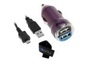GTMax Metalic Purple 2-Port (1A / 2.1A Output) USB Car Charger Adapter plus 6FT USB Cable, Cable Tie for Cell Phone, SMartphone, Tablet, MP3, Ebooks and More De