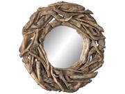30" Rustic Stained Natural Teak Roots Round Beveled Wall Mirror