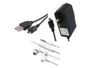 3.5mm White In Ear Stereo Headset Micro USB Data Cable Travel and Home Charger compatible with LG Vx8560 Chocolate 3 Motorola Razr Ve20 Rokr E8