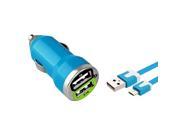 eForCity Micro USB Chargers Kit for Cell / Tablet - 2-Port Car Charger Adapter + 3FT Noodle Cable - Blue