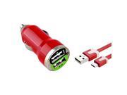 eForCity Micro USB Chargers Kit for Cell / Tablet - 2-Port Car Charger Adapter + 3FT Noodle Cable - Red