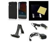 Essential Starter Bundle Package w/ Black Rubberized Hard Case Screen Protector Portable Stand Car & Travel Charger for LG Google Nexus 5