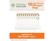 10 Dirt Devil Type U Allergen Filtration Vacuum Bags; Compare to Dirt Devil Part 3920750001 3920047001 3920048001; Designed Engineered by Crucial Vacuum