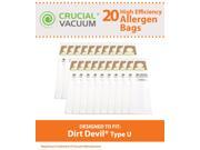 20 Dirt Devil Type U Allergen Filtration 3 Pack Vacuum Bags; Compare to Dirt Devil Part 3920750001 3920047001 3920048001; Designed Engineered by Crucial Va