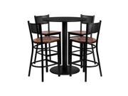 36 Round Black Laminate Table Set with 4 Grid Back Metal Barstools Cherry Wood Seat