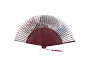 Unique Bargains Burgundy Bamboo Hollow Out Ribs Tassels Decor Peacock Printed Folding Hand Fan