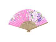 Wood Frame Flower Pattern Oriental Summer Dancing Folding Hand Fan Pink Beige