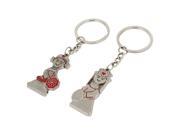 Pair Red Silver Tone China Bride Groom Style Dangle Decor Keychain For Couple