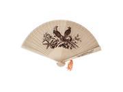 Unique Bargains Lady Man Summer Birds Flower Print Wooden Foldable Hand Fan Beige 9 Long