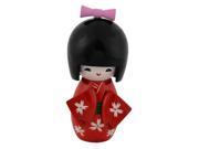 Unique Bargains Table Ormament Japanese Girl Style Flower Pattern Wooden Craft Doll Black Red