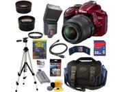 NIKON D3200 24.2 MP CMOS Digital SLR Camera (Red) with 18-55mm f/3.5-5.6 AF-S DX VR NIKKOR Zoom Lens + Automatic TTL Flash + Telephoto & Wide Angle Lenses + 10p