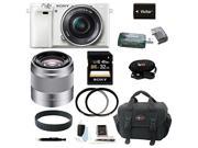 Sony a6000 Alpha a6000 Interchangeable Lens Camera with 16 50mm Power Zoom Lens White and Sony 50mm f 1.8 Mid Range Lens Silver plus 32GB Accessory Bundle