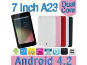 7 inch 2G Phone call Dual Core tablet Allwinner A23 1.2GHz Android 4.2 512MB Ram 4GB Nand Flash Dual Camera Bluetooth WIFI 5 Colors