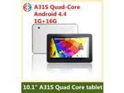 10.1 inch Android 4.4 Kitkat Quad Core Tablet PC Allwinner A31S 1.20GHZ 1G RAM 16G ROM bluetooth 4.0 wifi capacitive touch Android tablet pc HDMI 1024*600