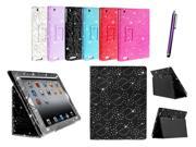 Kit Me Out US PU Leather Book Case + Purple Resistive / Capacitive Stylus Pen for Apple iPad 2 / 3 / 4 Tablet (All Versions) - Black Sparking Glitter Diamond