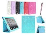 Kit Me Out US PU Leather Book Case + Pink Resistive / Capacitive Stylus Pen for Apple iPad 2 / 3 / 4 Tablet (All Versions) - Light Blue Sparking Glitter Diamo