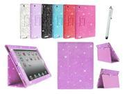 Kit Me Out US PU Leather Book Case + White Resistive / Capacitive Stylus Pen for Apple iPad 2 / 3 / 4 Tablet (All Versions) - Light Purple / Lilac Sparking Gl